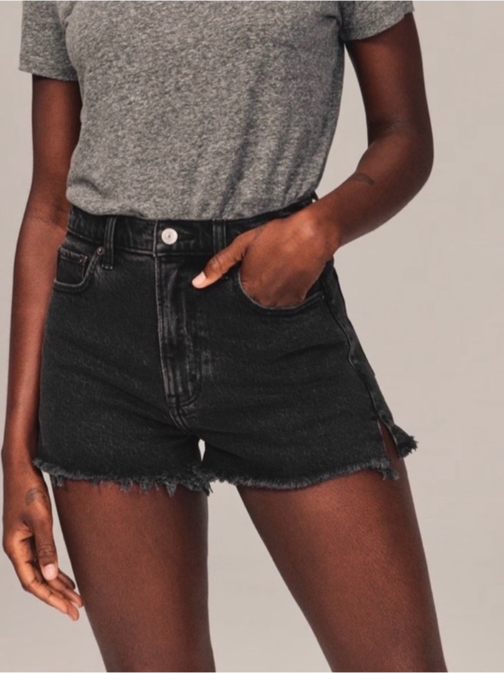 Abercrombie & Fitch Black The Mom Short High-Rise Frayed Denim Shorts Curve Love